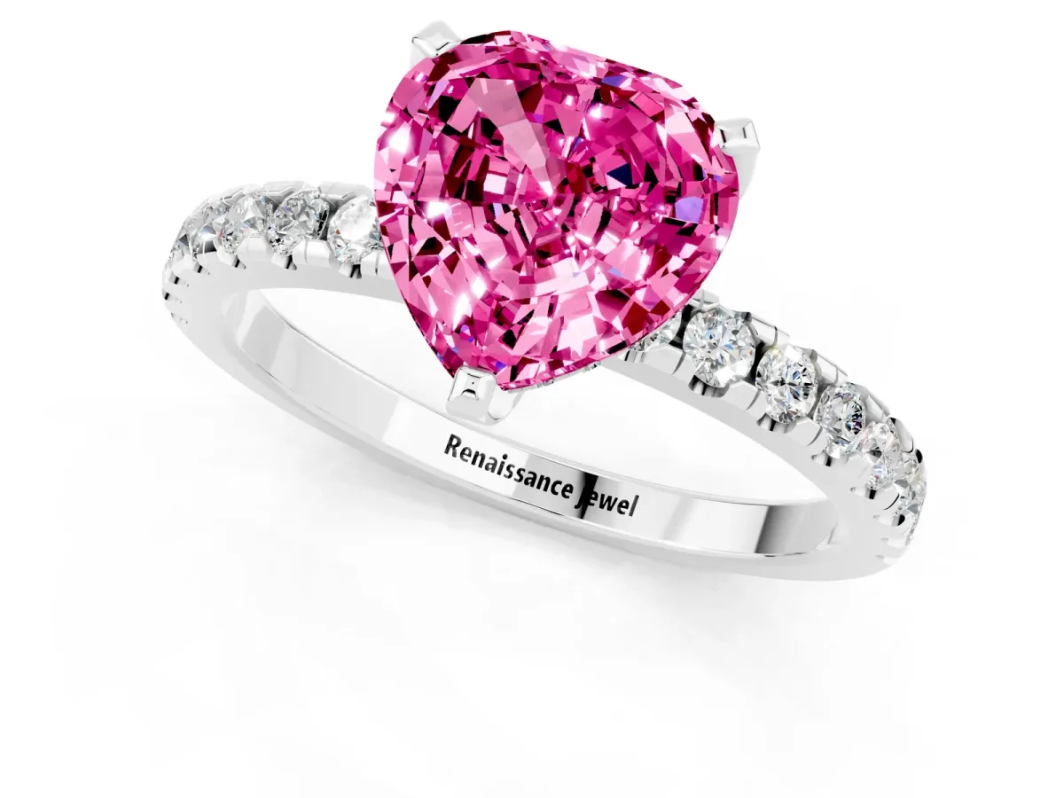 Heart Cut Pink Sapphire Solitaire Ring with Round Pavé Band and Four-Prong Setting White gold