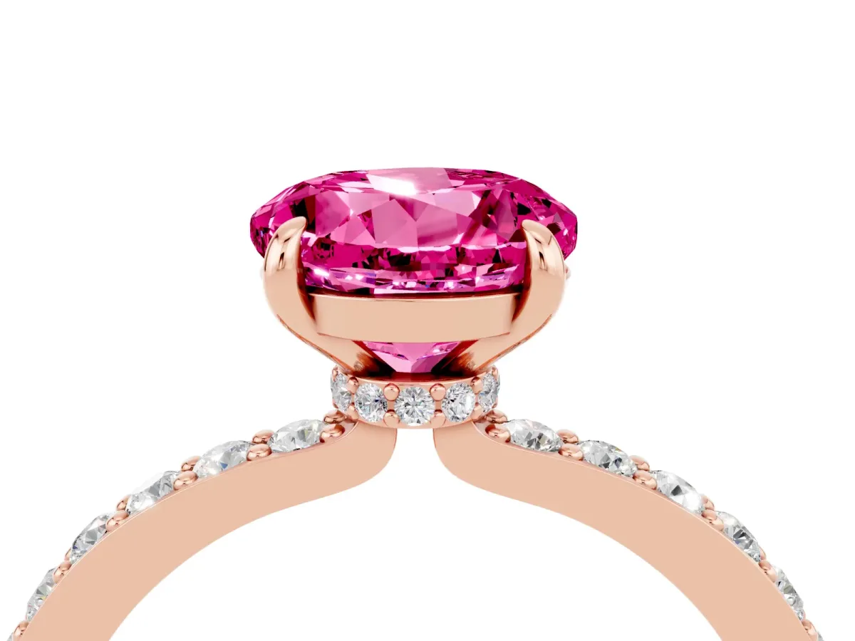 Round Cut Pink Sapphire Solitaire Engagement Ring with Pavé Band and Four-Prong Setting Rose gold