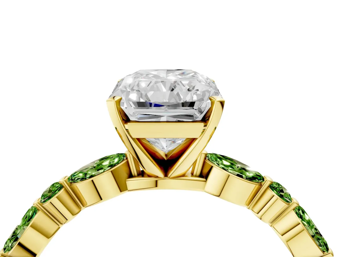 Radiant Cut Diamond Ring with Marquise and Round Peridot Side Stones and Four-Prong Setting Yellow gold