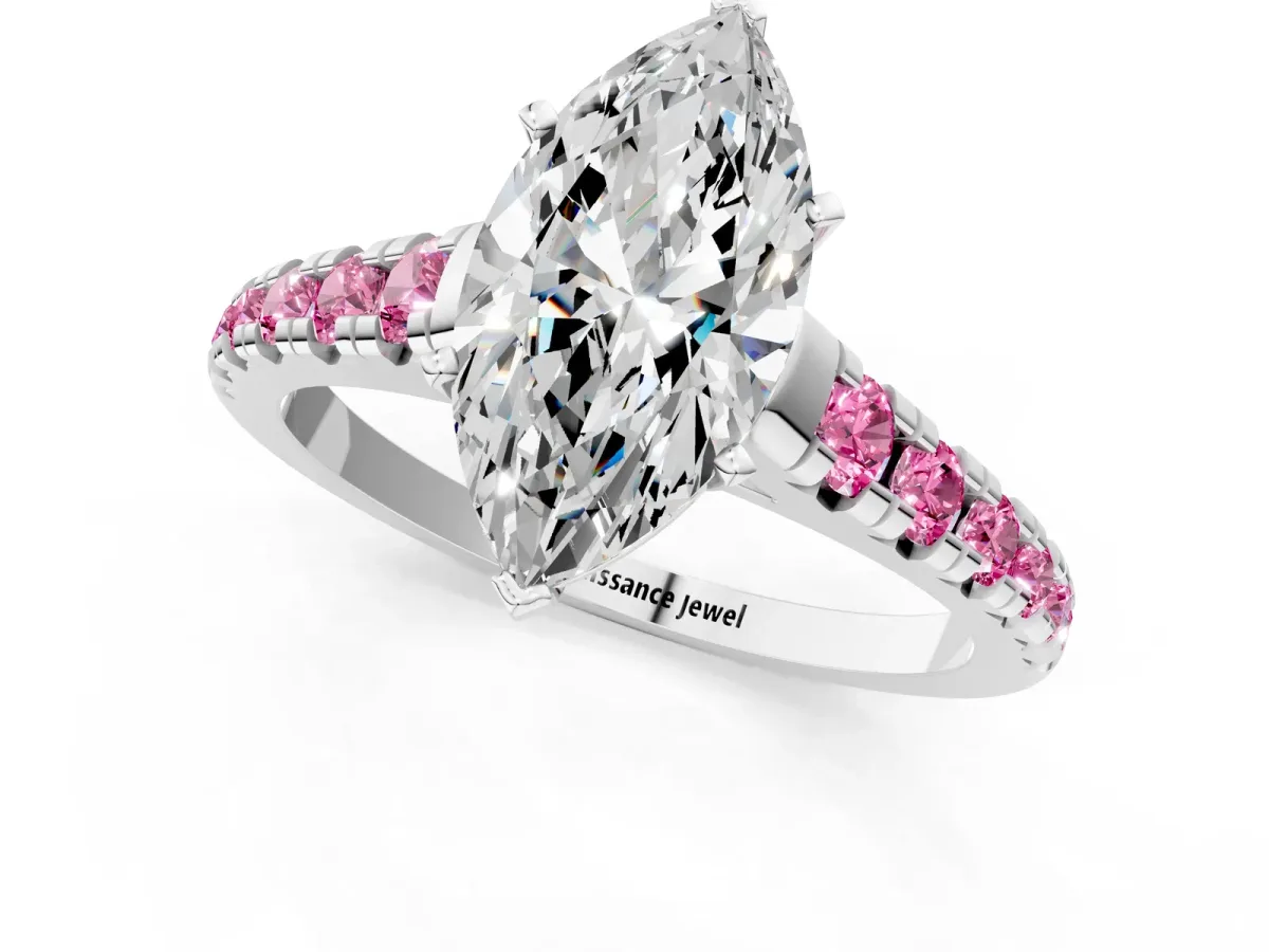 Marquise Cut Diamond Cathedral Solitaire Ring with Round Pink Sapphire Pavé Band White gold