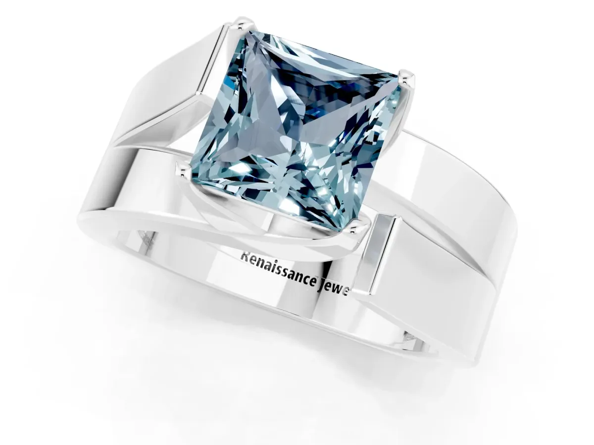 Modern Tension Set Princess Cut Aquamarine Solitaire Wide Band Ring White gold