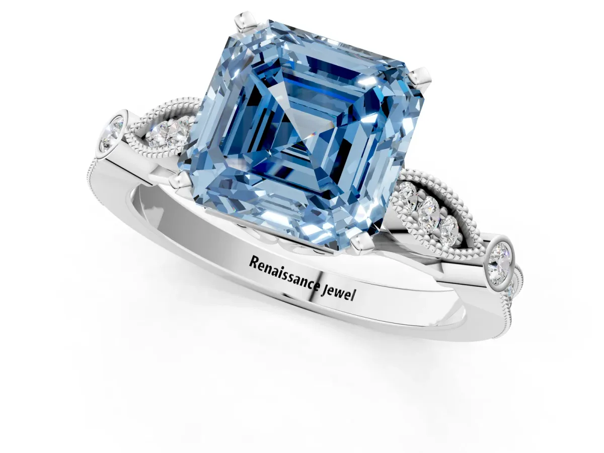 Fancy Blue Asscher Cut Cut Diamond with Milgrain Marquise and Bezel Accents on a Solitaire Band with Prong Setting Silver