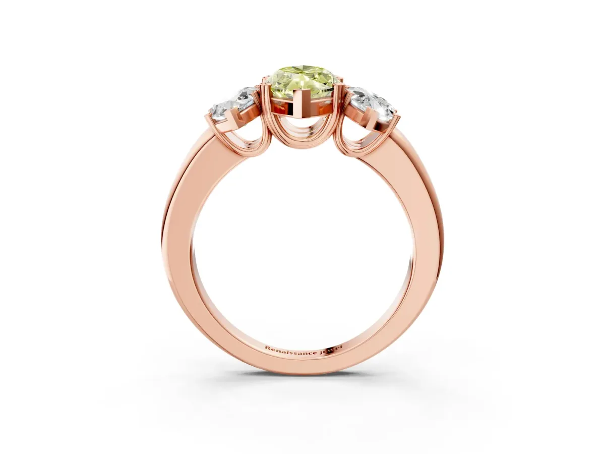 Fancy Yellow Three-Stone Marquise Cut Cut Diamond Ring with Channel Set Band and Four-Prong Setting Rose gold