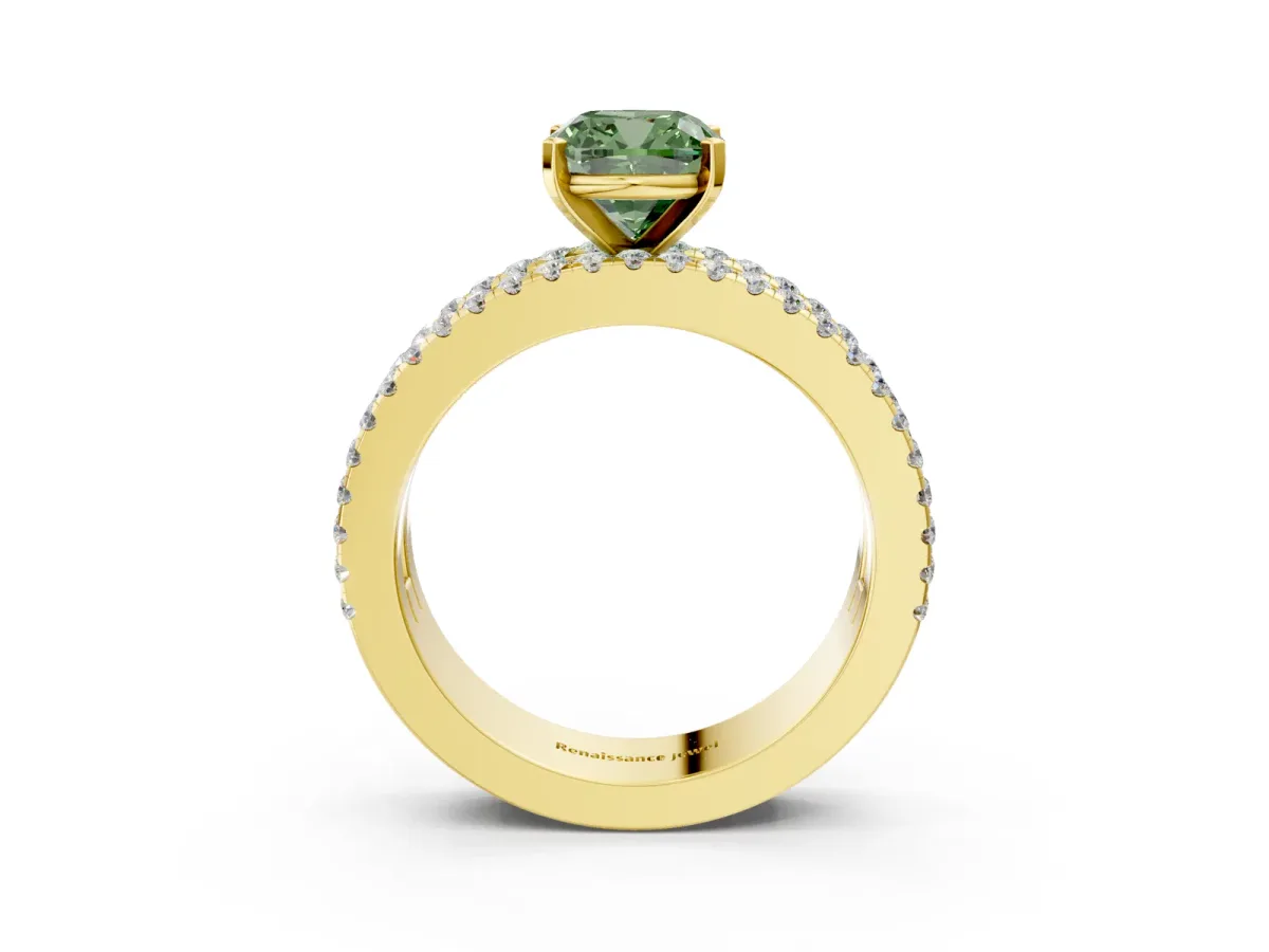 Fancy Green Cushion Cut Diamond Solitaire Ring with Pavé and Channel Set Band Yellow gold