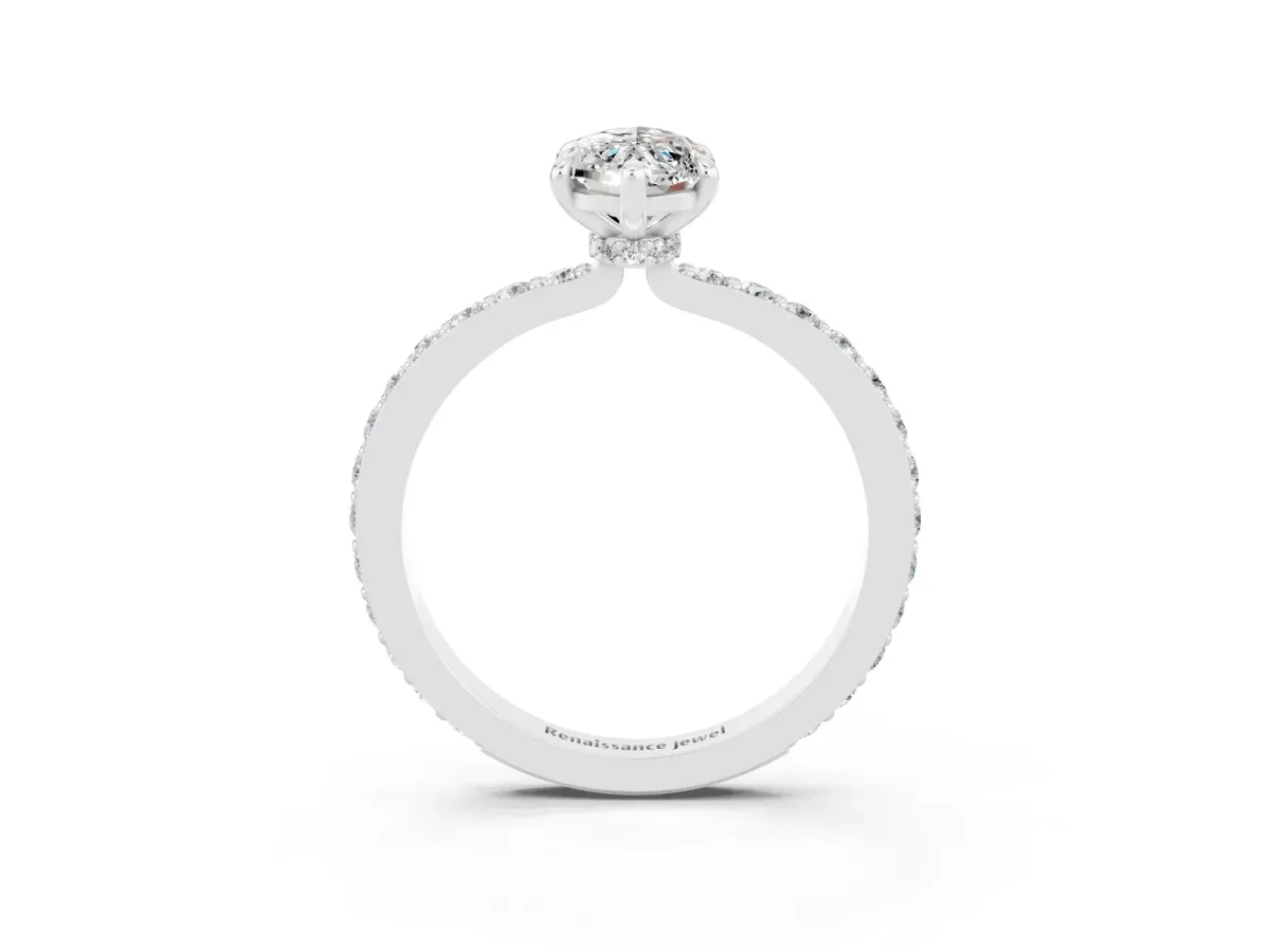 Marquise Cut Moissanite Solitaire Engagement Ring with Pavé Band and Four-Prong Setting White gold