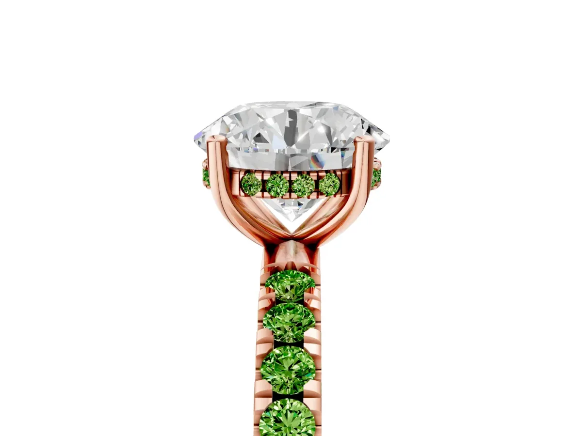 Round Cut Diamond Pave Band Solitaire Ring with Round Peridot and Prong Setting Rose gold