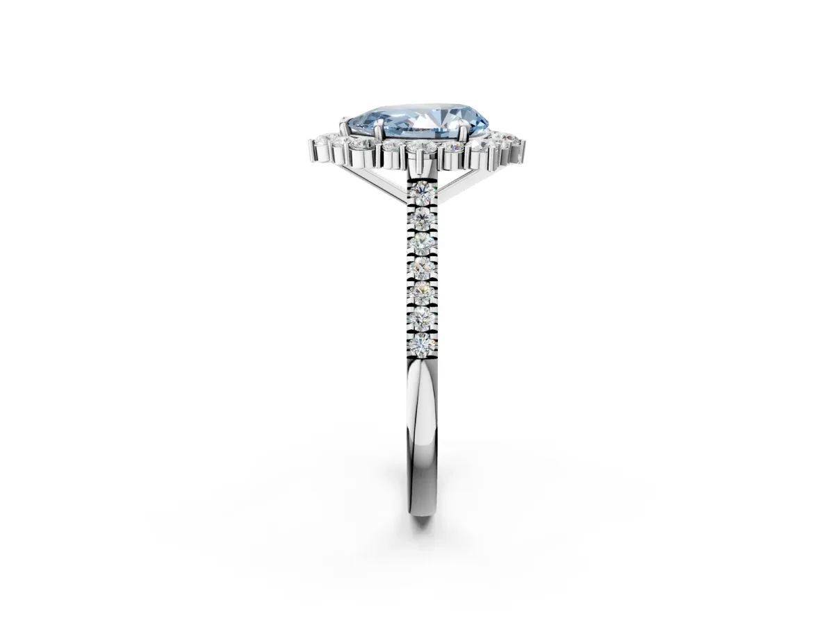 Fancy Blue Pear Cut Halo Diamond Ring with Pavé Band and Prong Setting Silver