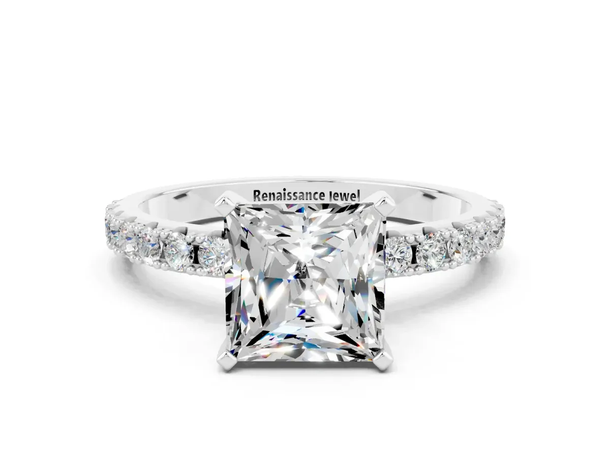 Princess Cut Moissanite Solitaire Pavé Band with Four-Prong Setting Silver