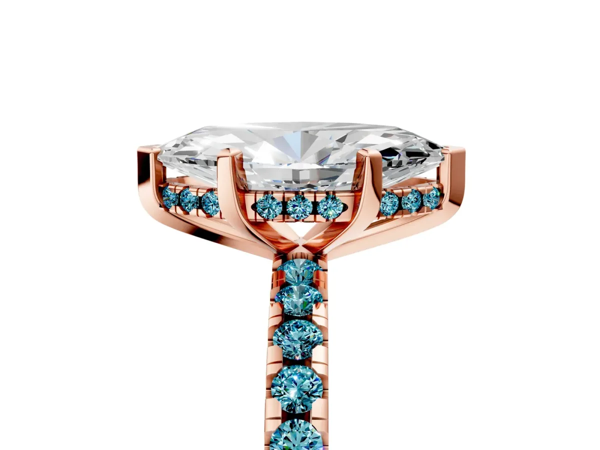 Marquise Cut Diamond Solitaire Ring with Round Blue Topaz Pavé Band and Four-Prong Setting Rose gold