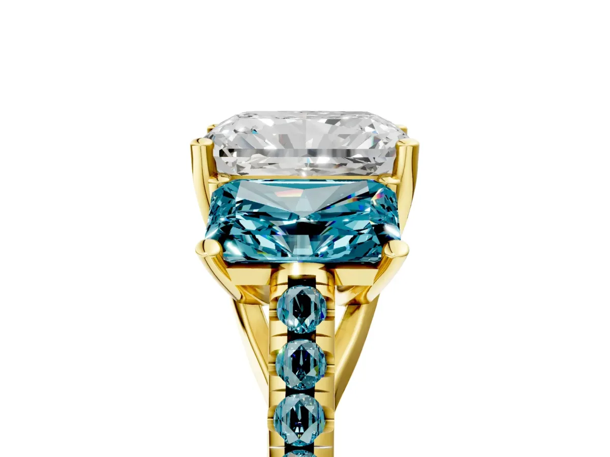 Three-Stone Radiant Cut Diamond Ring with Round Blue Topaz Pavé Band and Prong Setting Yellow gold
