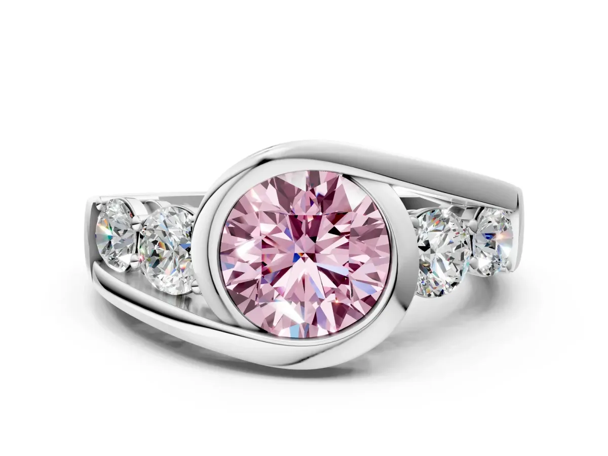 Fancy Pink Bezel Set Round Cut Diamond Bypass Ring with Round Accents Silver