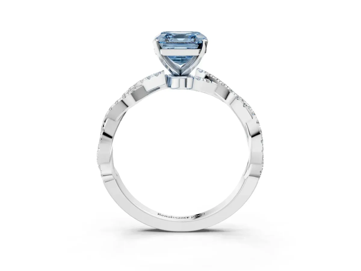 Fancy Blue Asscher Cut Solitaire Twisted Pave Band with Four-Prong Setting Platinum