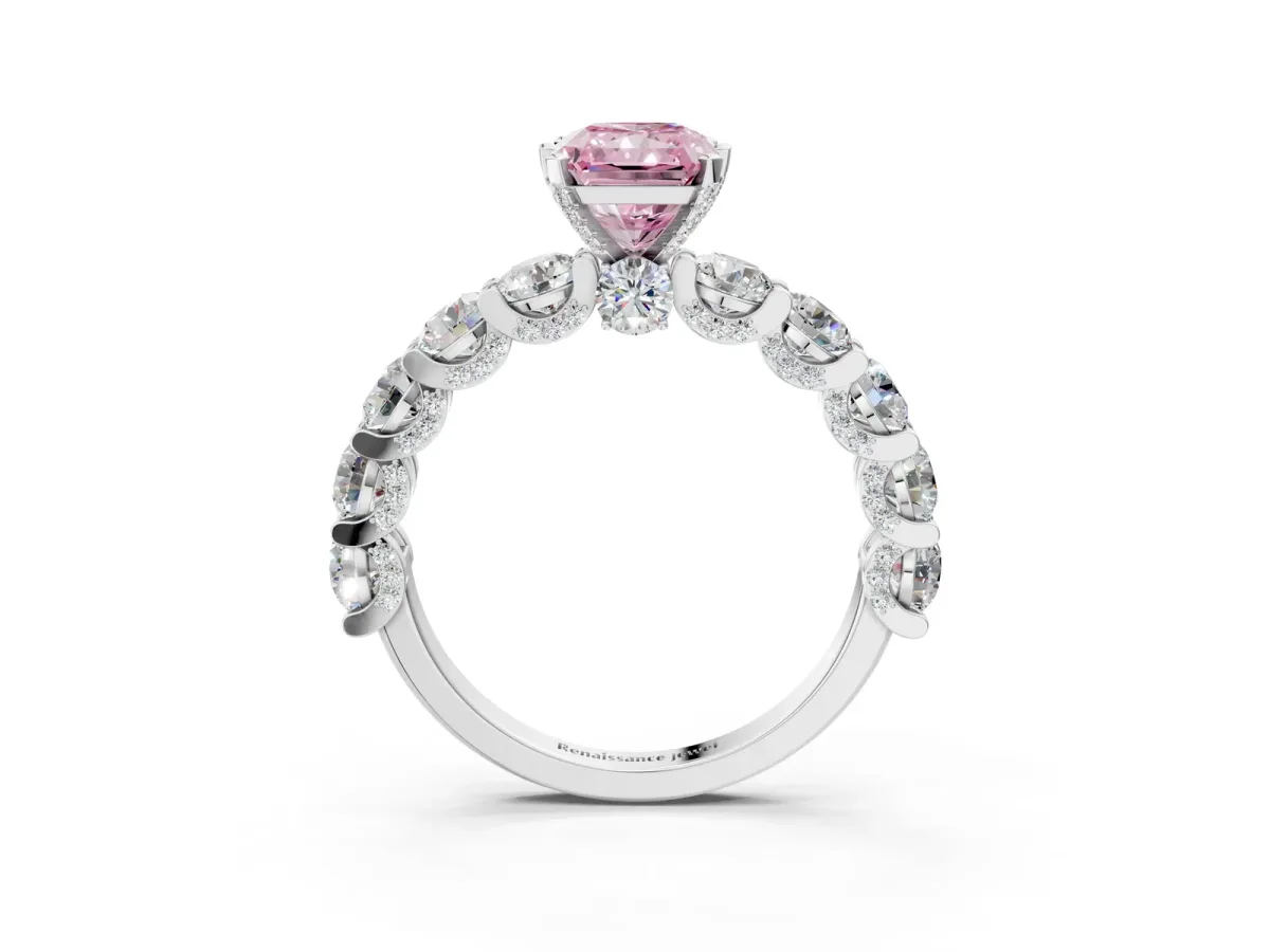 Fancy Pink Radiant Cut Diamond Side Stone Engagement Ring with Four-Prong Setting White gold