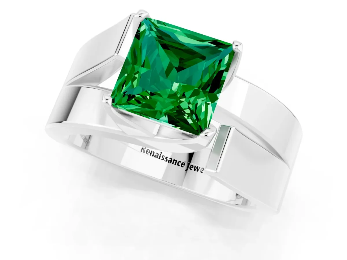 Modern Tension Set Princess Cut Emerald Solitaire Wide Band Ring Platinum