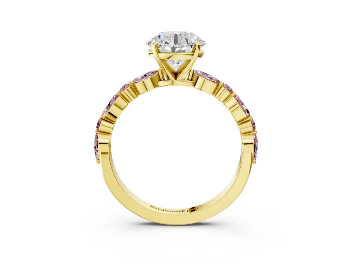 Round Cut Diamond Ring with Marquise and Round Morganite Side Stones and Four-Prong Setting Yellow gold