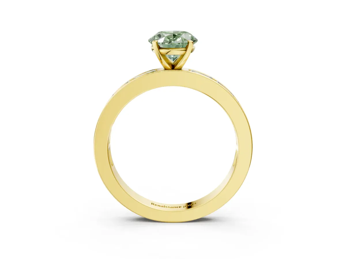 Fancy Green Oval Cut Solitaire Diamond Ring with Channel-Set Baguette Band and Four-Prong Setting Yellow gold