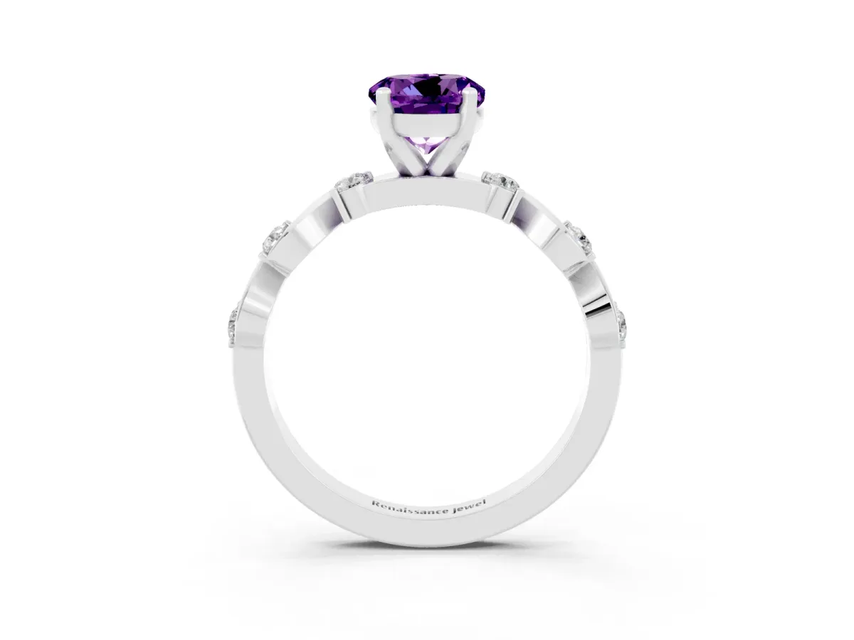 Round Cut Amethyst Solitaire Twisted Band with Round Accents and Prong Setting Silver