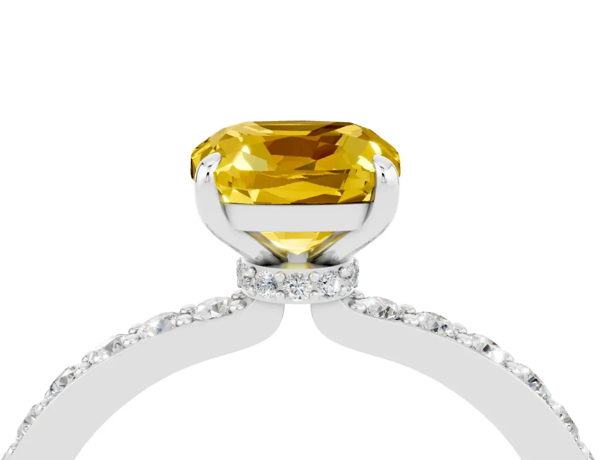 Cushion Cut Yellow Sapphire Solitaire Engagement Ring with Pavé Band and Four-Prong Setting White gold