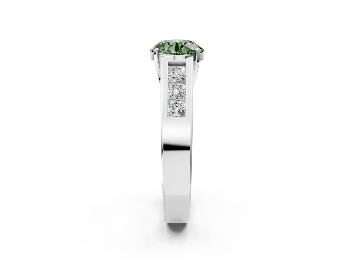 Fancy Green Round Cut Cut Channel Set Solitaire Ring with Four-Prong Setting White gold