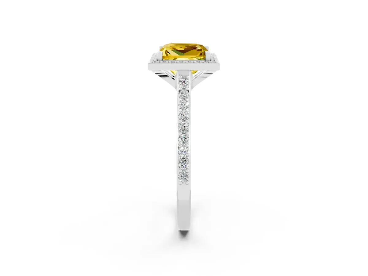 Princess Cut Yellow Sapphire Halo Engagement Ring with Round Pavé Shoulders and Prong Setting Silver