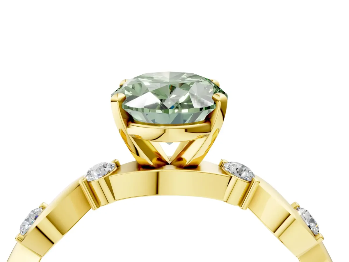 Fancy Green Oval Cut Diamond Solitaire Twisted Band with Round Accents and Prong Setting Yellow gold