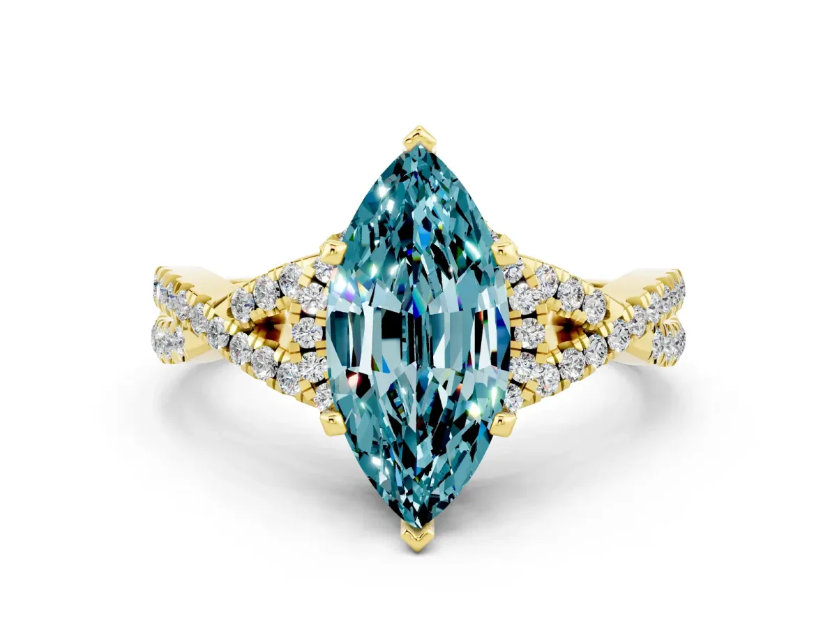 Marquise Cut Blue Topaz Halo Twist Band Solitaire Prong Setting Ring Yellow gold