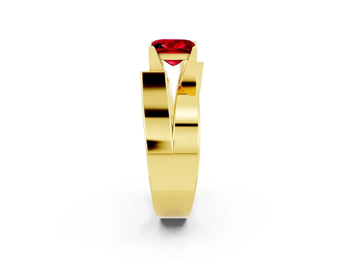 Modern Tension Set Princess Cut Ruby Solitaire Wide Band Ring Yellow gold