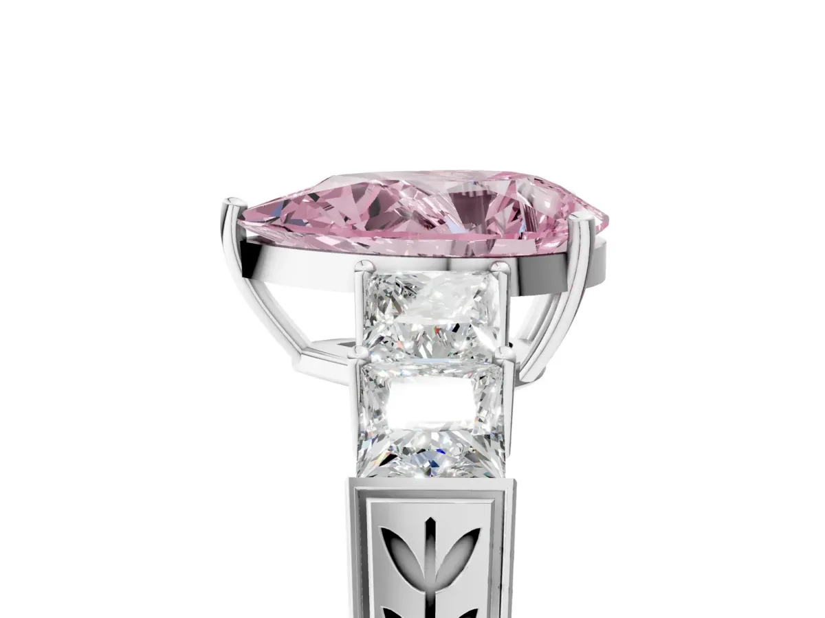 Fancy Pink Pear Cut Solitaire Princess Side Stone Engraved Band Prong Setting Ring Platinum