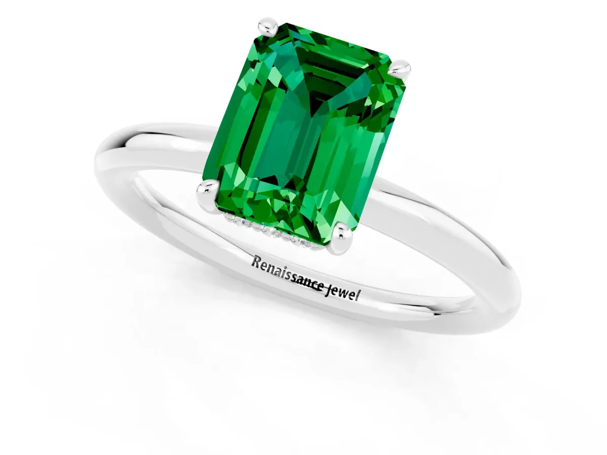 Emerald Cut Emerald Solitaire Ring with Thin Band and Four-Prong Setting White gold