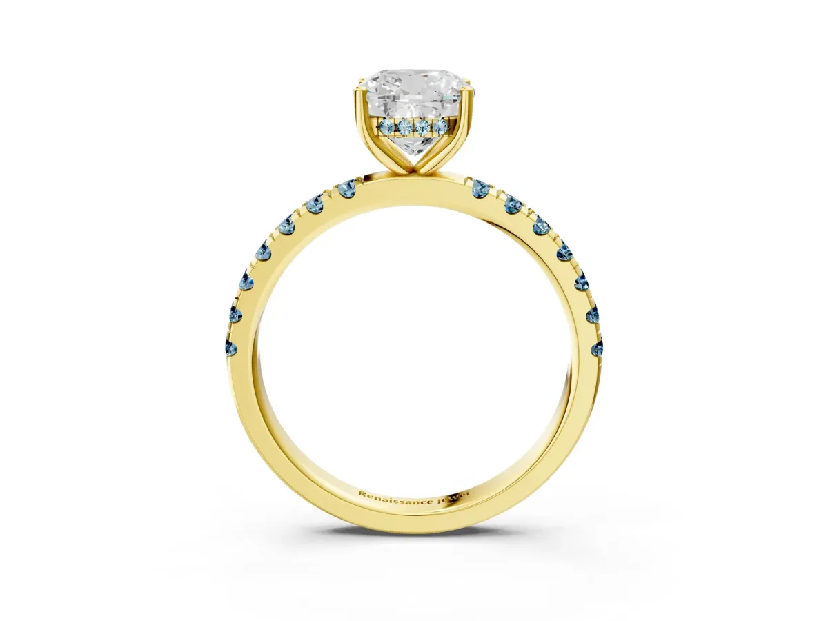 Cushion Cut Diamond Pave Band Solitaire Ring with Round Aquamarine and Prong Setting Yellow gold