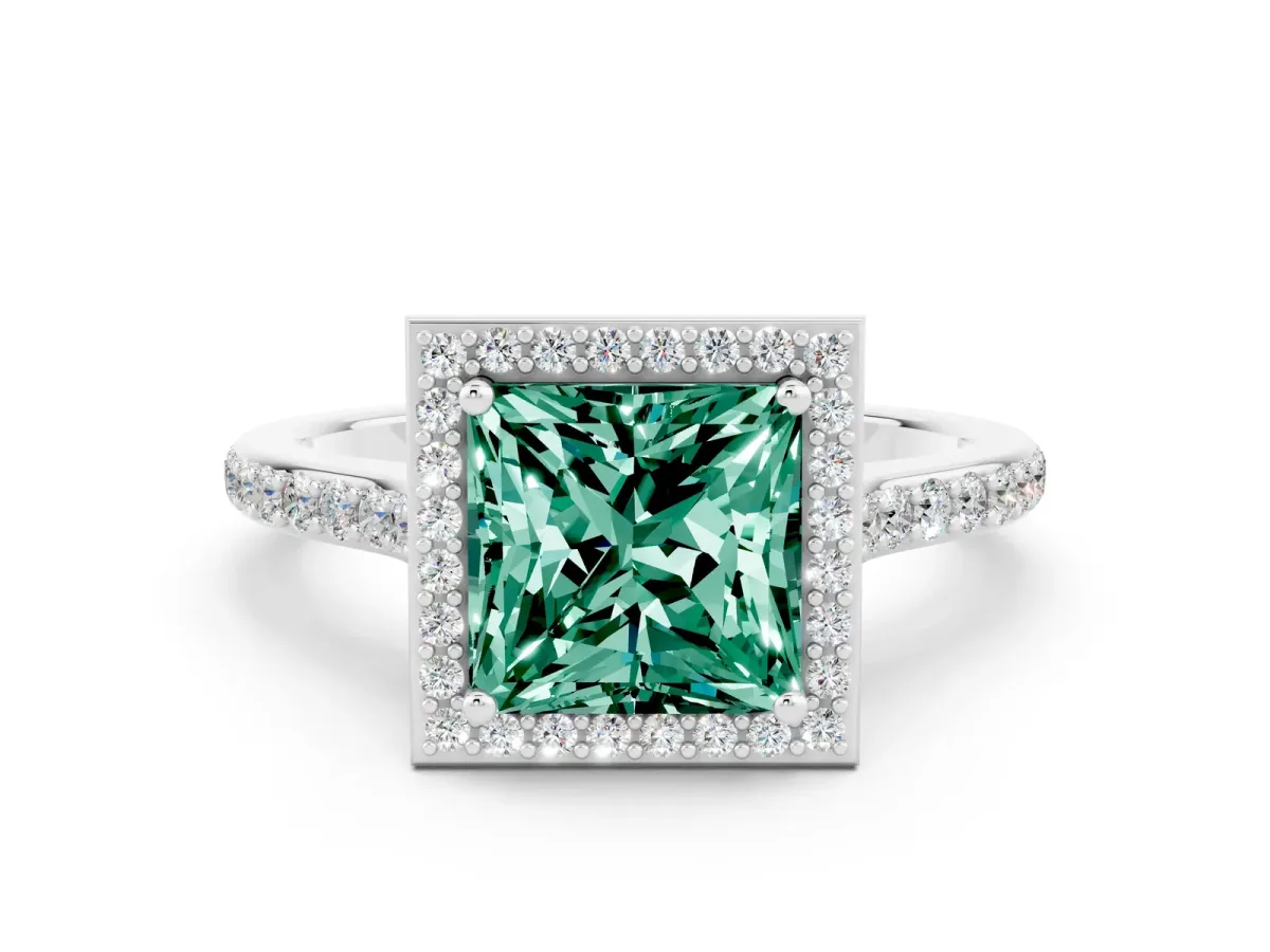 Princess Cut Green Sapphire Halo Engagement Ring with Round Pavé Shoulders and Prong Setting Silver