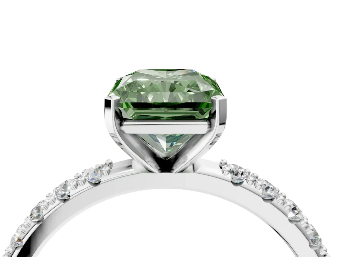 Fancy Green Radiant Cut Diamond Solitaire Pavé Band with Four-Prong Setting Platinum