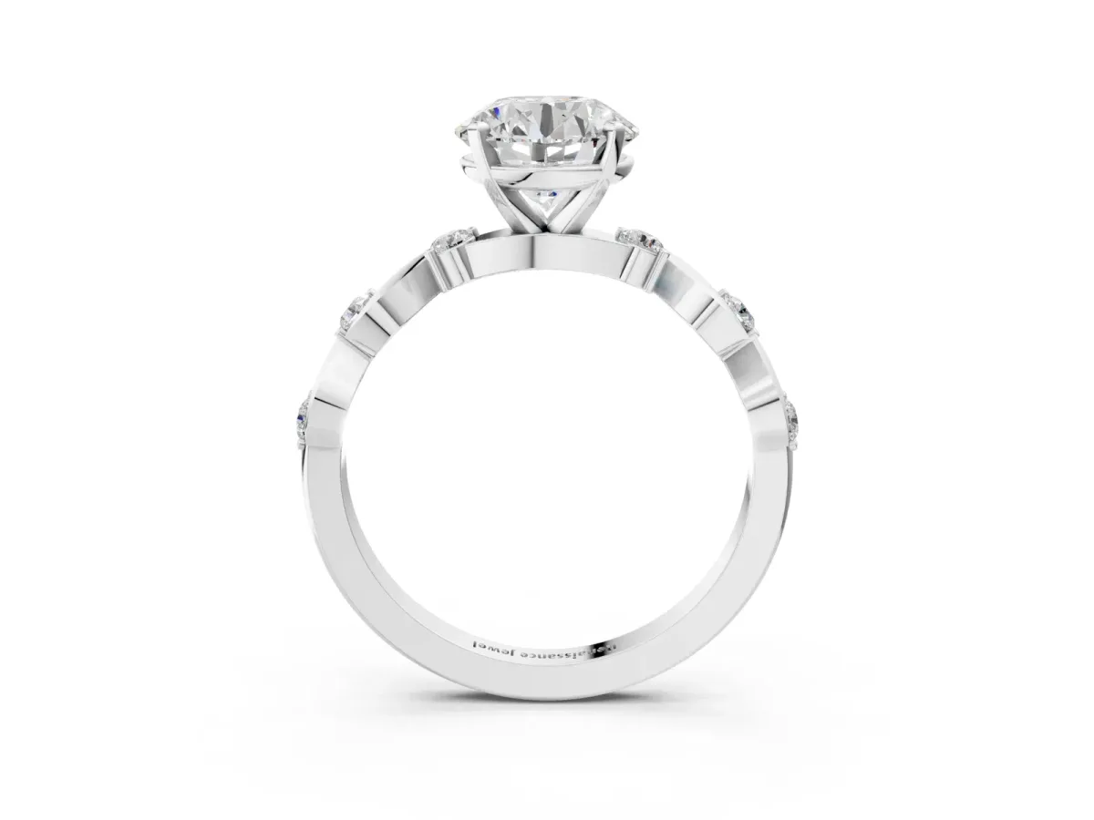 Round Cut Diamond Solitaire Twisted Band with Round Accents and Prong Setting Silver