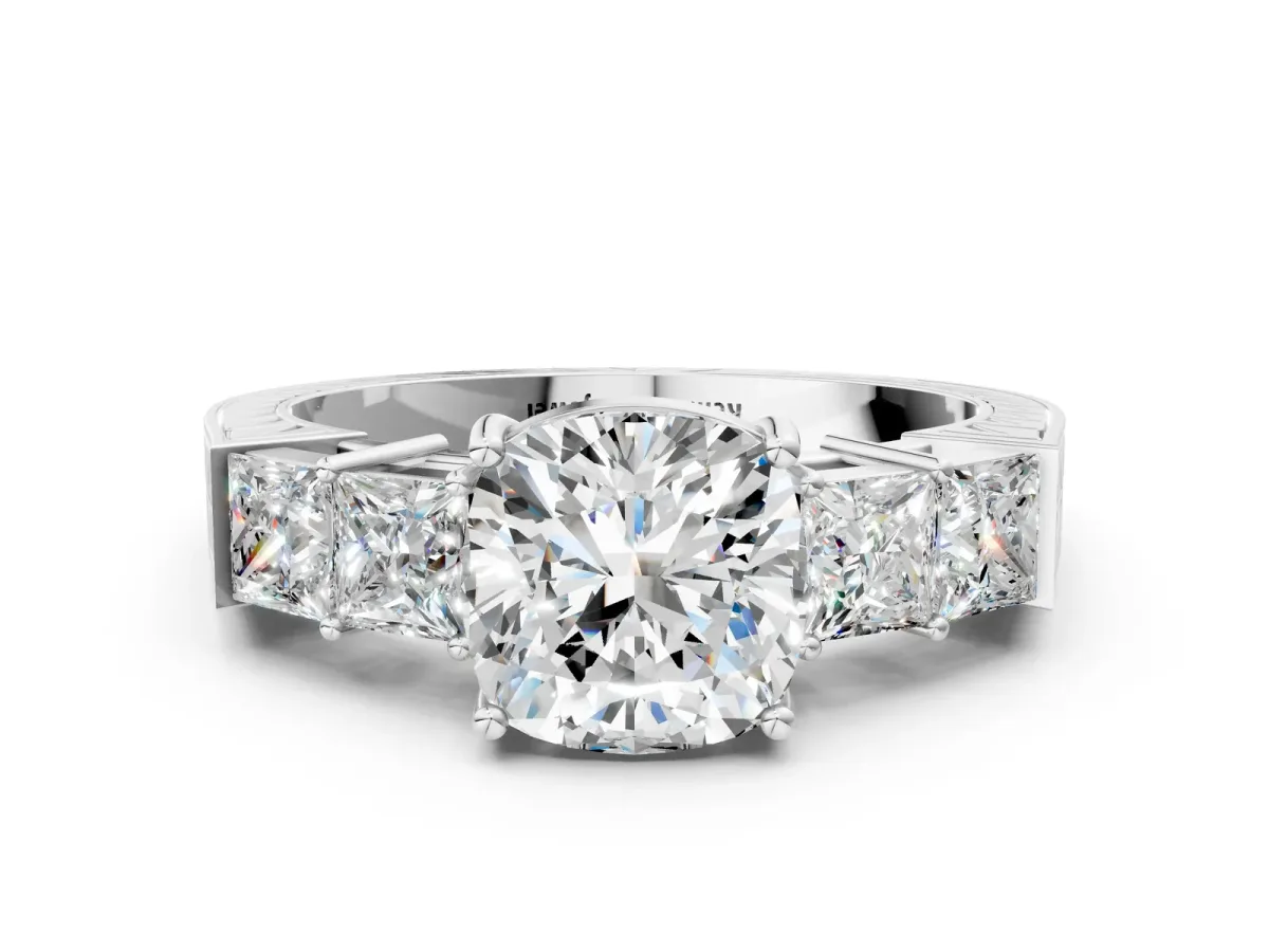 Cushion Cut Solitaire Princess Side Stone Engraved Band Prong Setting Ring Platinum