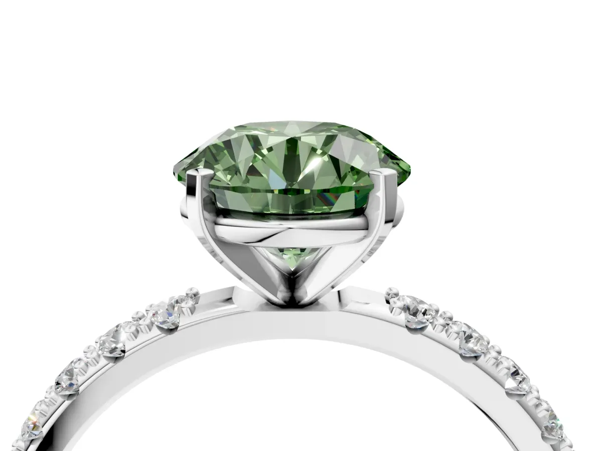 Fancy Green Round Cut Diamond Solitaire Pavé Band with Four-Prong Setting Platinum