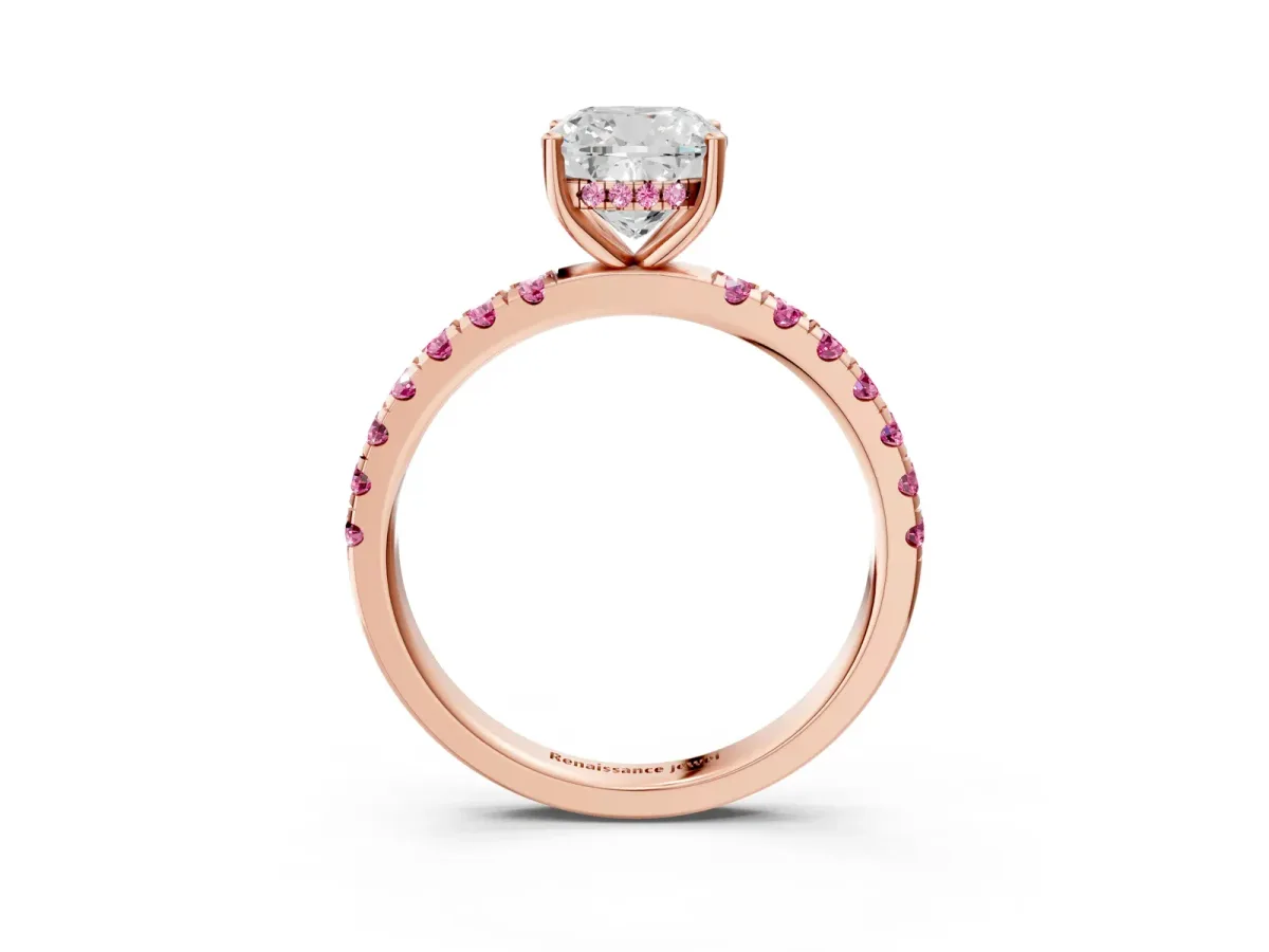 Cushion Cut Diamond Pave Band Solitaire Ring with Round Pink Sapphire and Prong Setting Rose gold