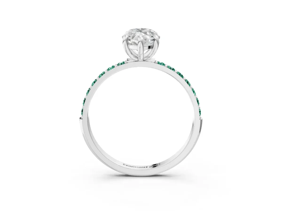 Marquise Cut Diamond Solitaire Ring with Round Green Sapphire Pavé Band and Prong Setting White gold
