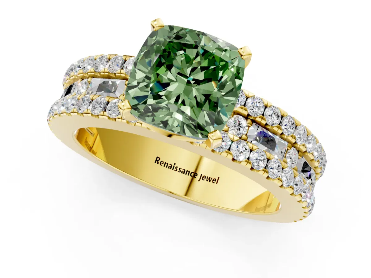 Fancy Green Cushion Cut Diamond Solitaire Ring with Pavé and Channel Set Band Yellow gold