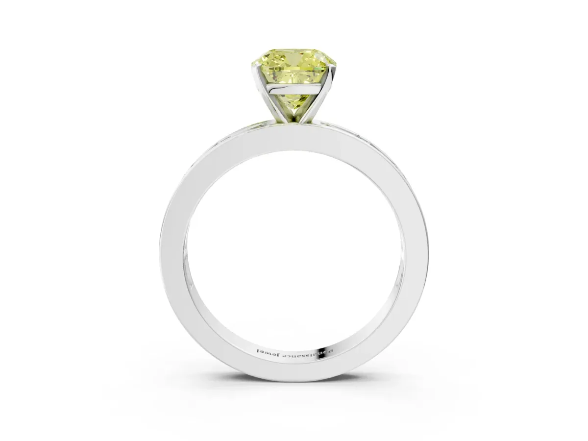 Fancy Yellow Cushion Cut Solitaire Diamond Ring with Channel-Set Baguette Band and Four-Prong Setting White gold
