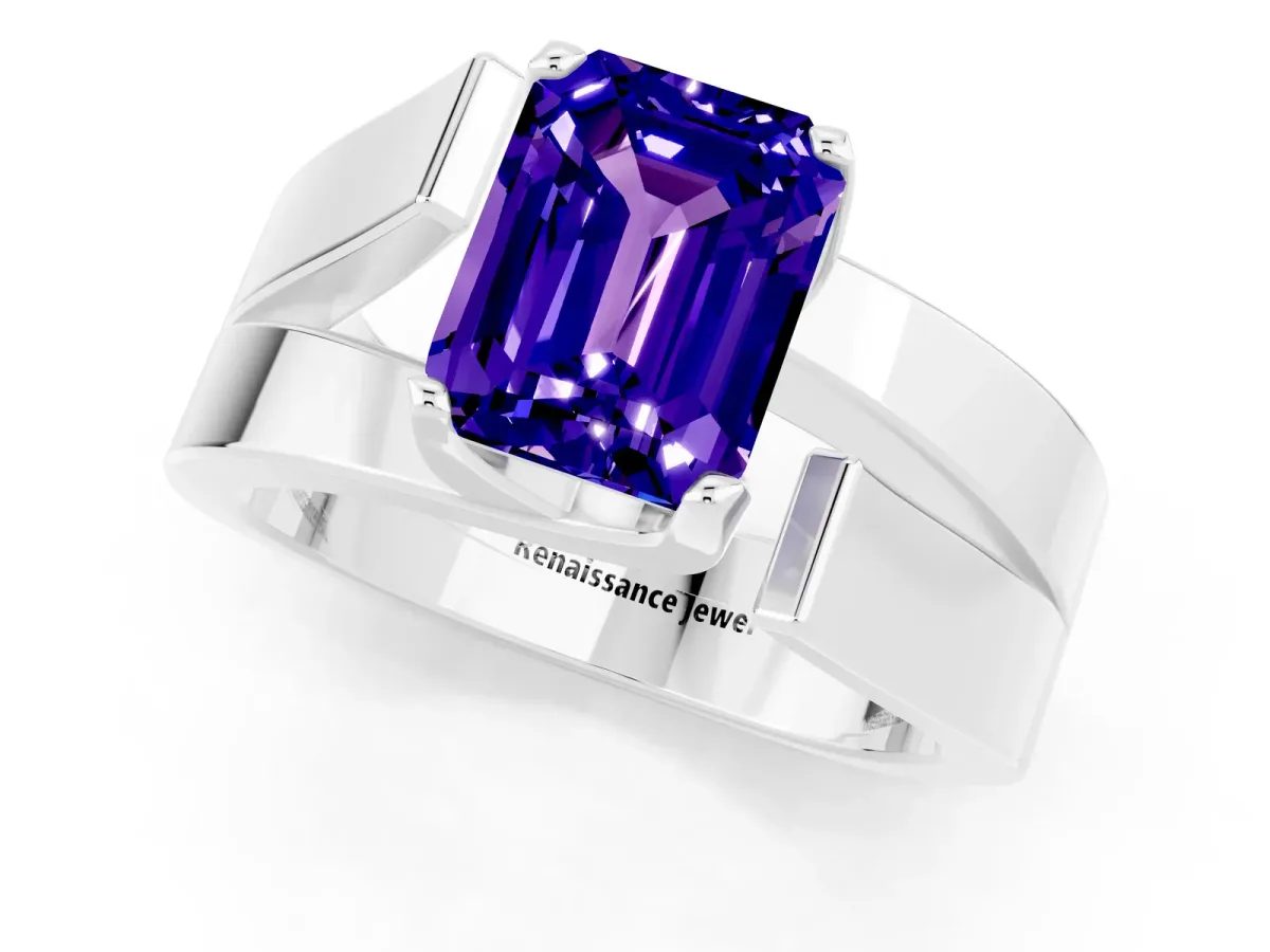 Modern Tension Set Emerald Cut Tanzanite Solitaire Wide Band Ring Silver