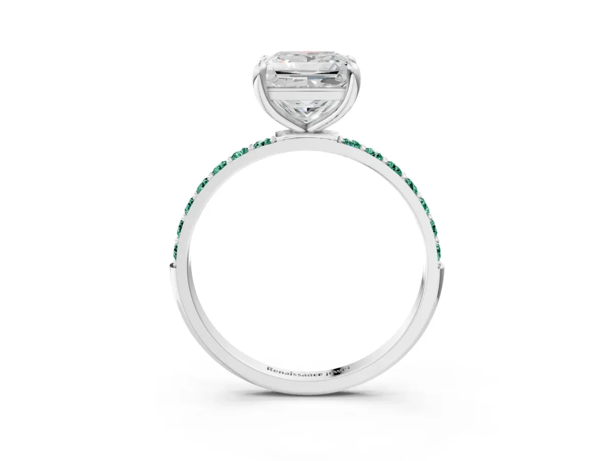 Princess Cut Diamond Solitaire Ring with Round Green Sapphire Pavé Band and Prong Setting White gold