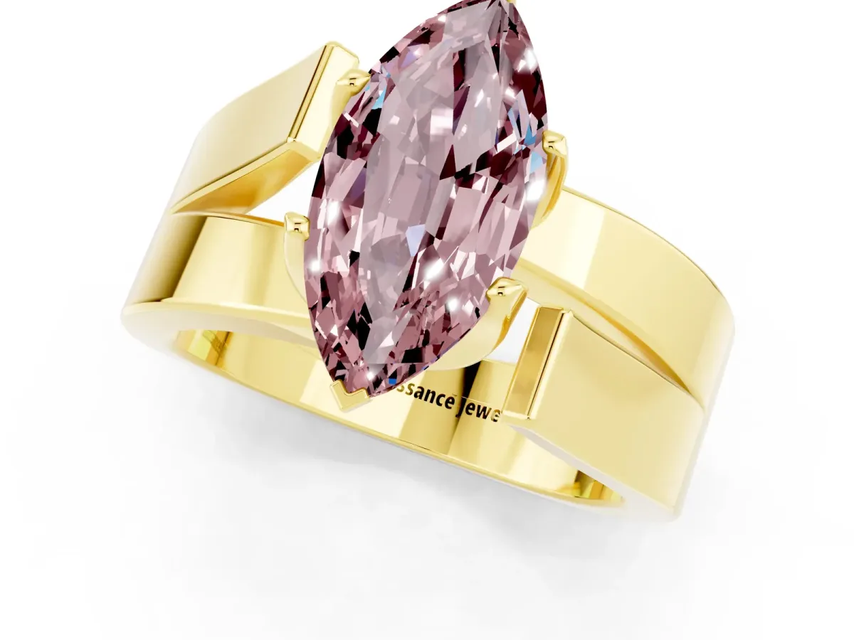 Modern Tension Set Marquise Cut Morganite Solitaire Wide Band Ring Yellow gold