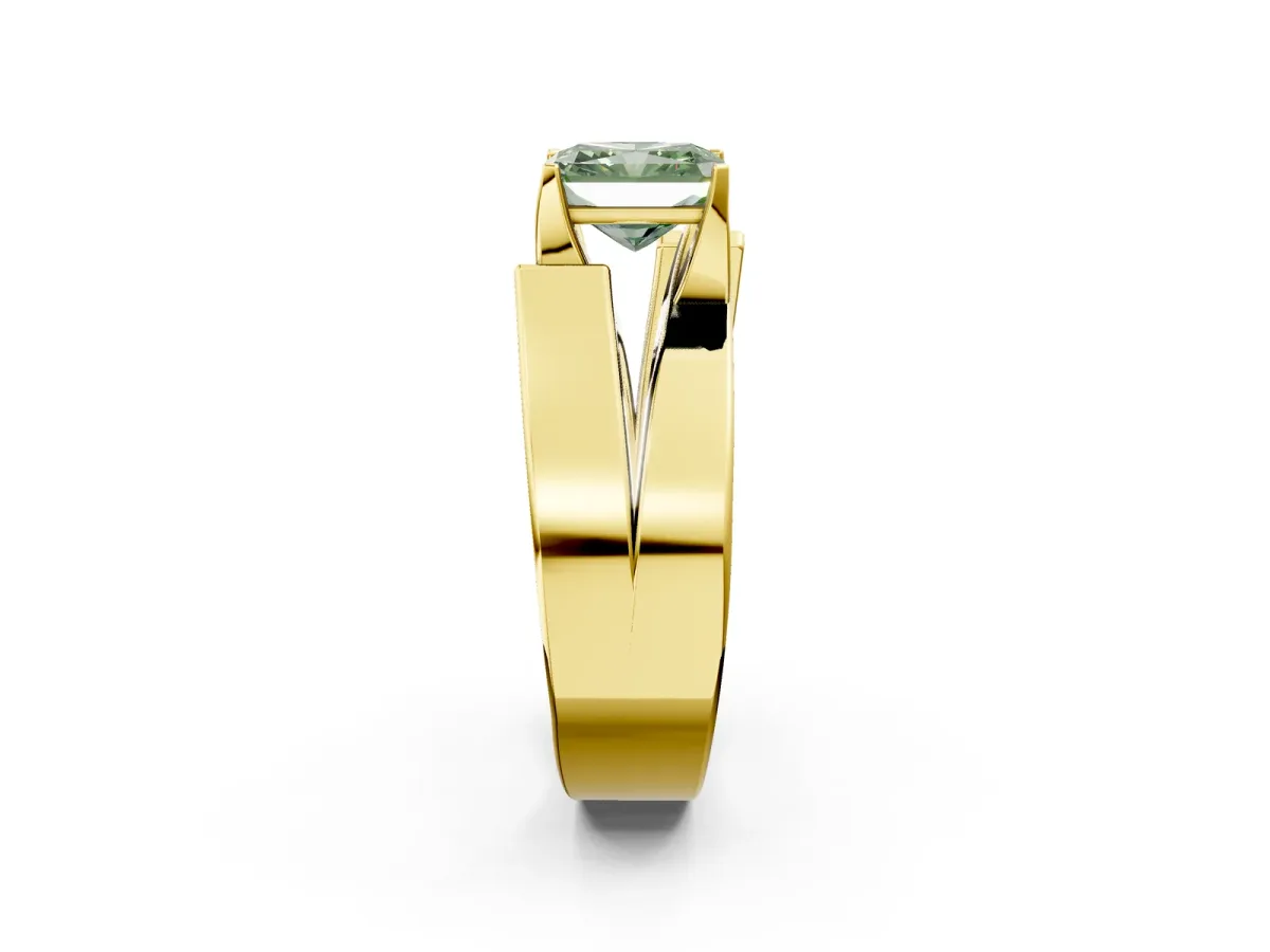 Fancy Green Modern Tension Set Radiant Cut Diamond Solitaire Wide Band Ring Yellow gold