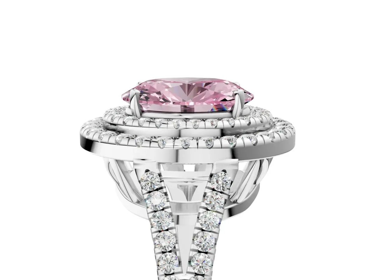 Fancy Pink Oval Cut Diamond Double Halo Ring with Pavé Band and Prong Setting Silver
