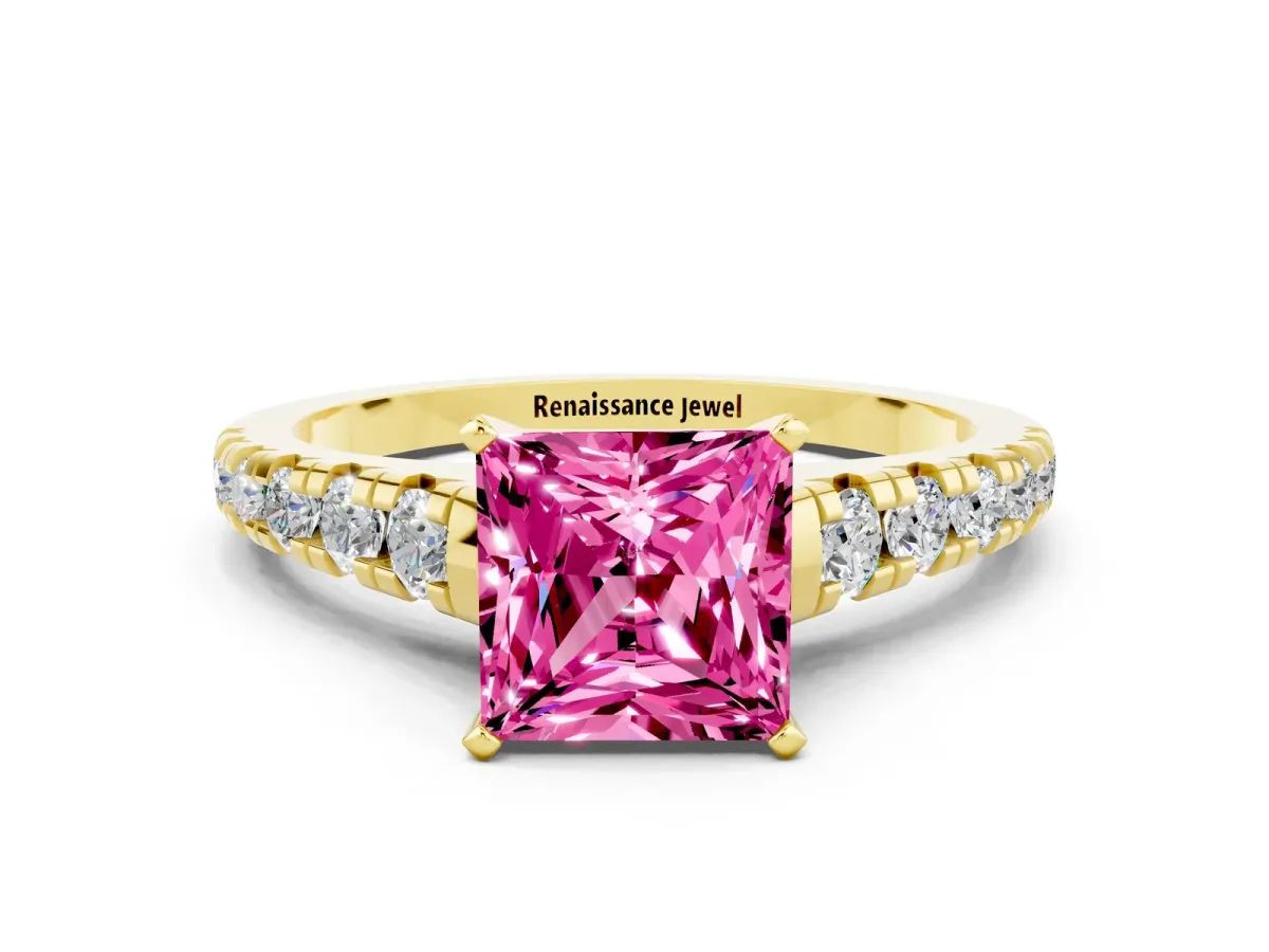 Princess Cut Pink Sapphire Cathedral Solitaire Ring with Round Pavé Band Yellow gold