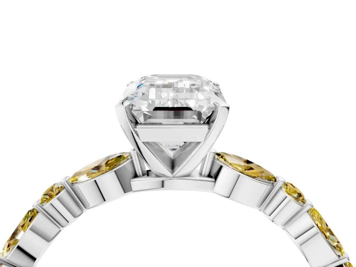 Emerald Cut Diamond Ring with Marquise and Round Yellow Sapphire Side Stones and Four-Prong Setting White gold