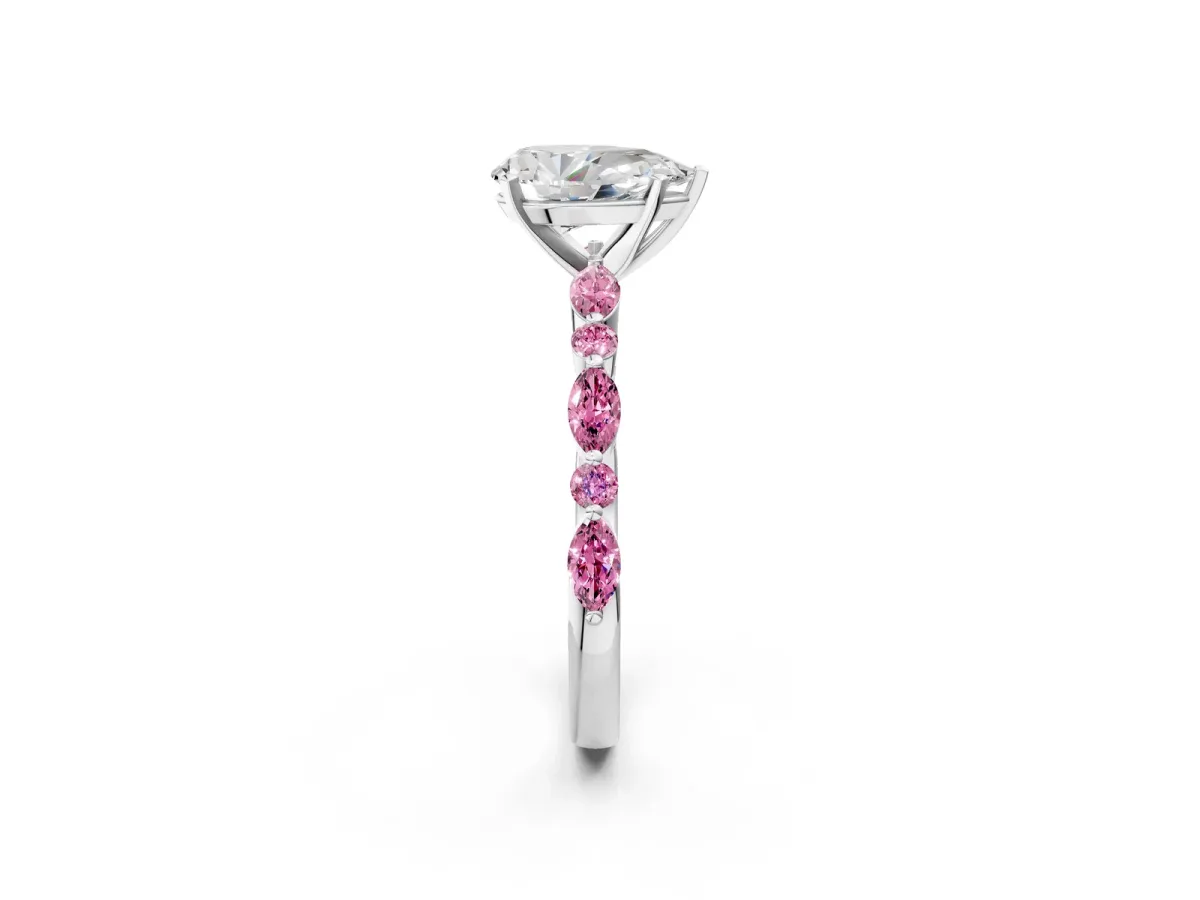 Pear Cut Diamond Ring with Marquise and Round Pink Sapphire Side Stones and Four-Prong Setting White gold
