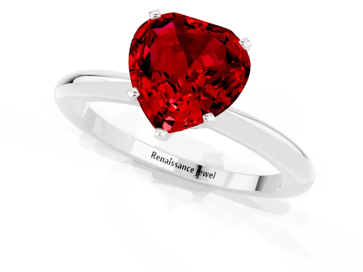 Heart Cut Ruby Solitaire Ring with Six-Prong Setting and Classic Band White gold