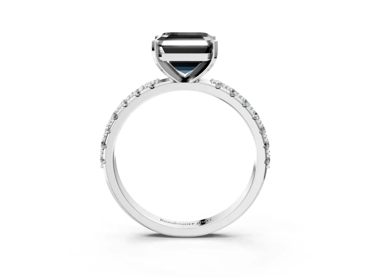 Fancy Black Asscher Cut Diamond Solitaire Pavé Band with Four-Prong Setting Silver