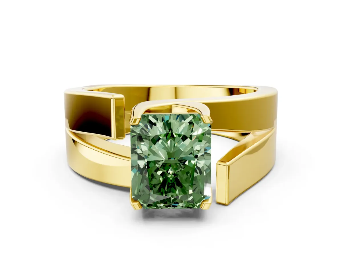 Fancy Green Modern Tension Set Radiant Cut Diamond Solitaire Wide Band Ring Yellow gold